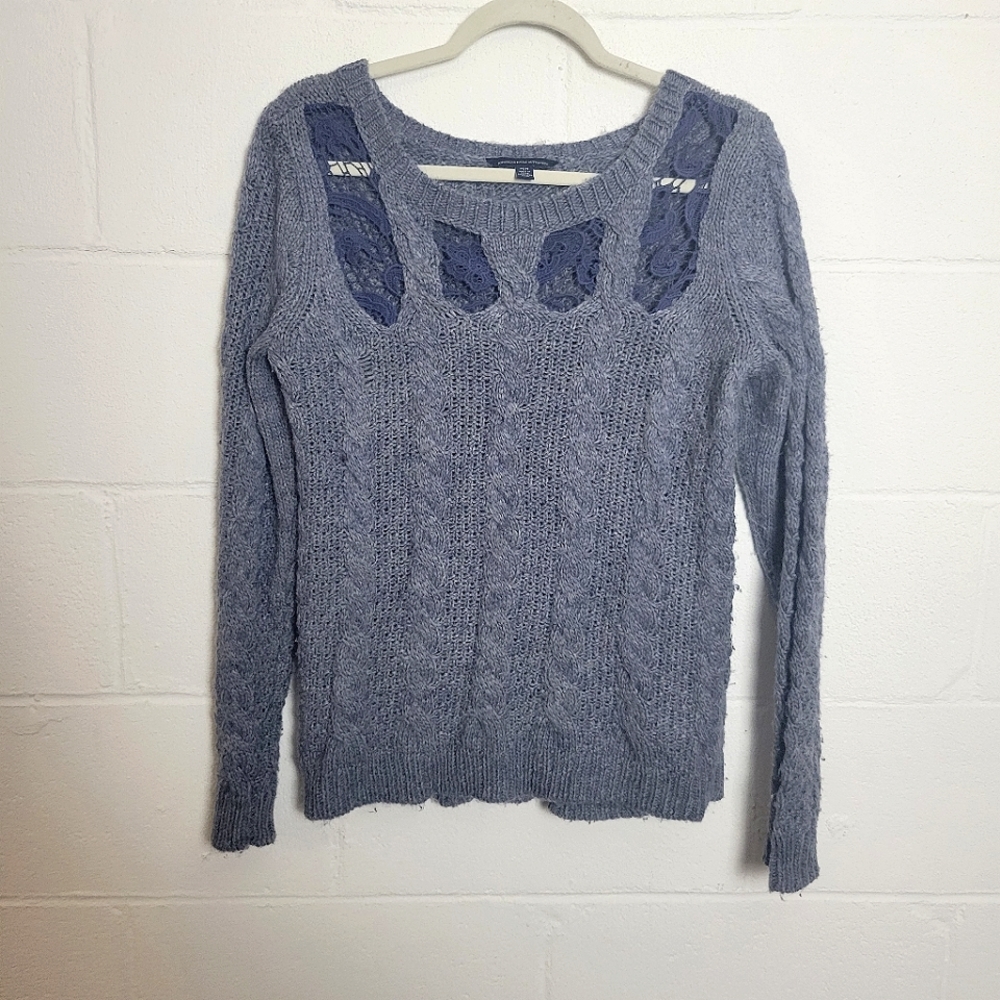 American Eagle Outfitters Blue Crochet Cutout Cable Knit Sweater Size Medium